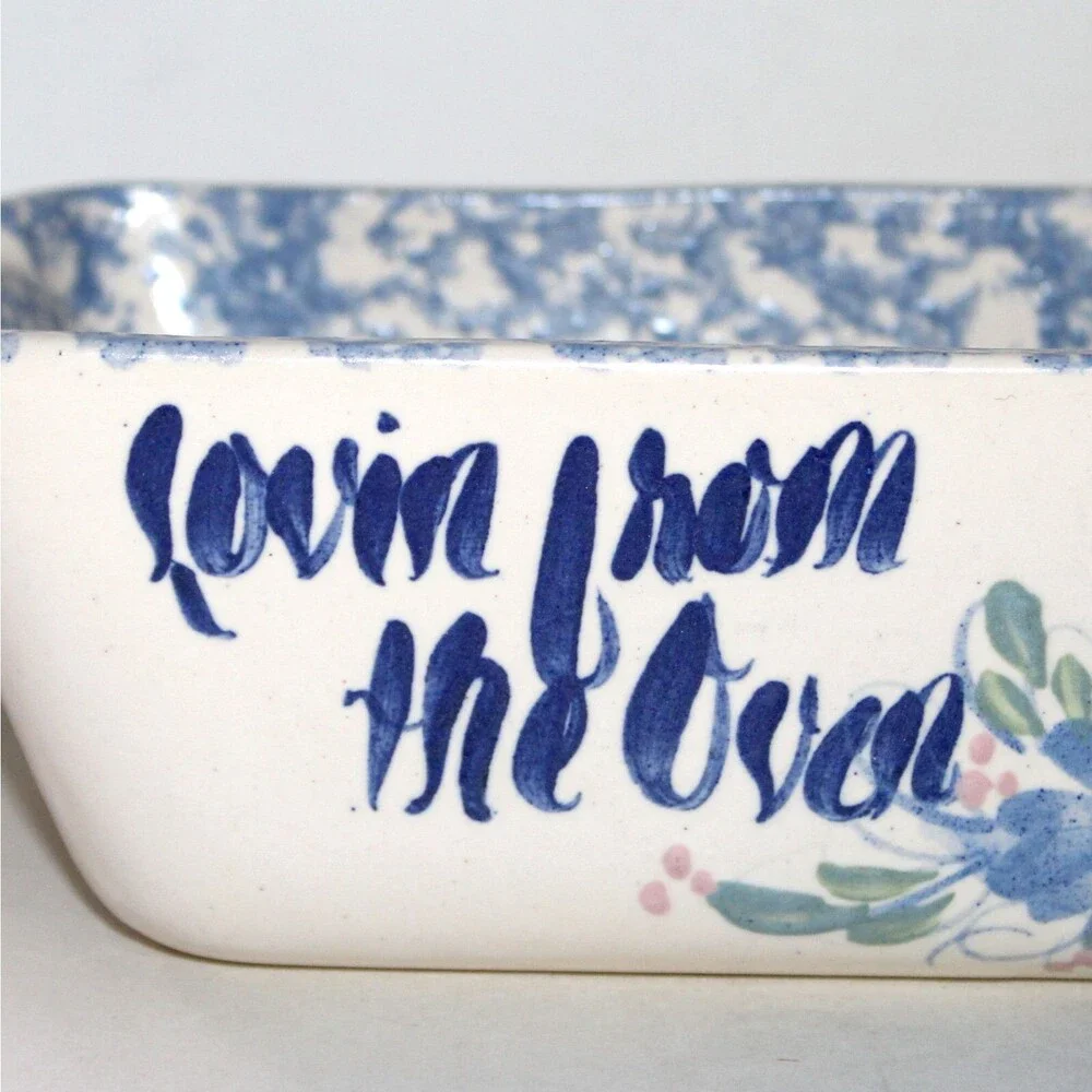 East Texas Pottery Spring Heart Loaf Pan stoneware spongeware blue ceramic baker